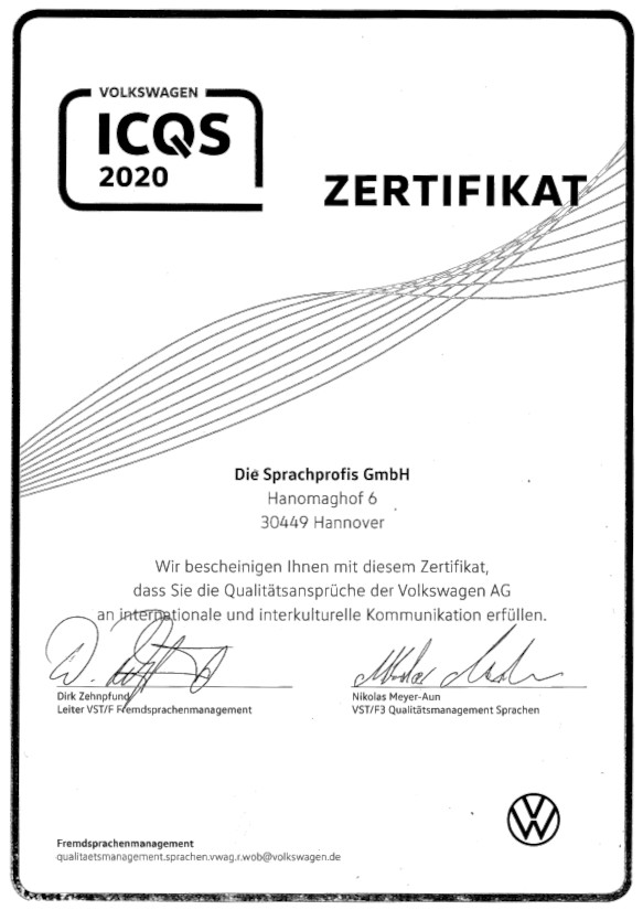 ICQS certificate from VW